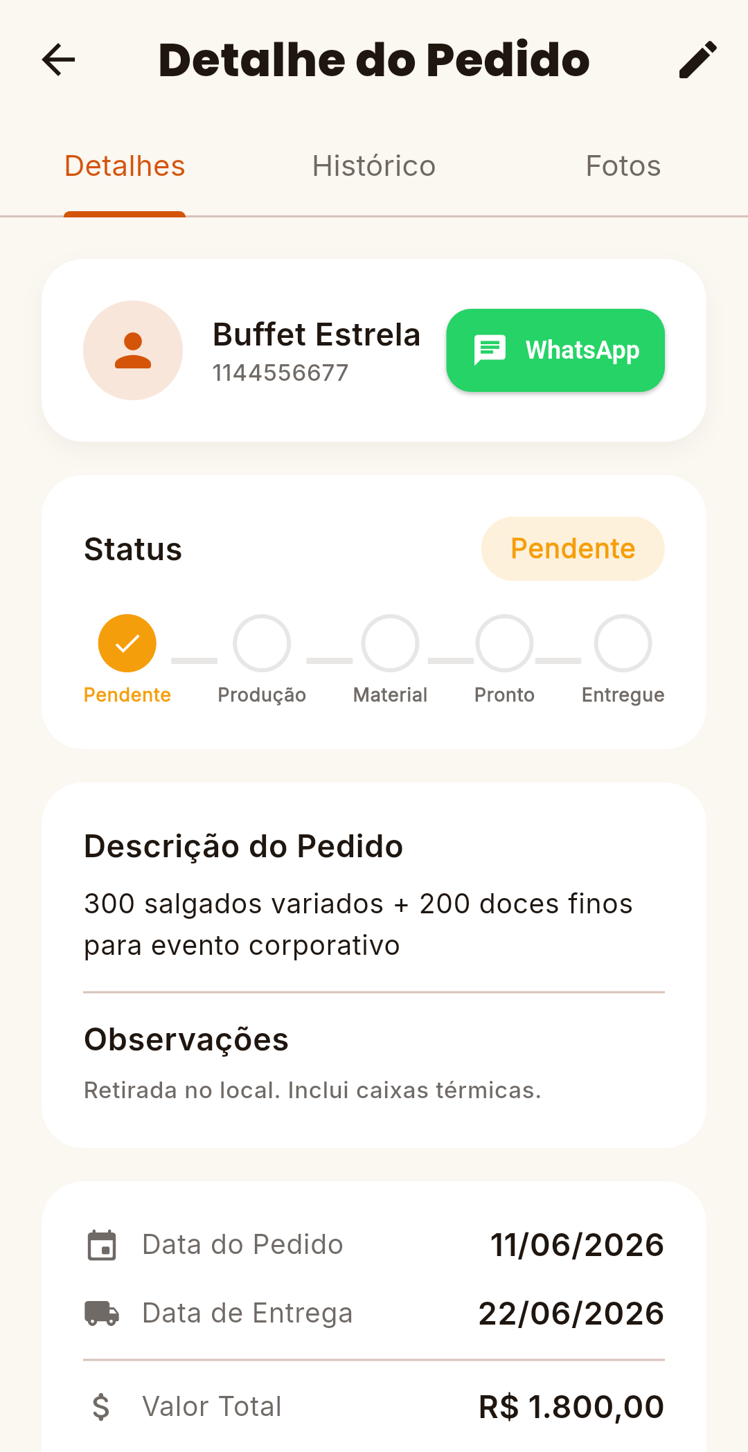 Detalhes do Pedido e Registro de Sinal